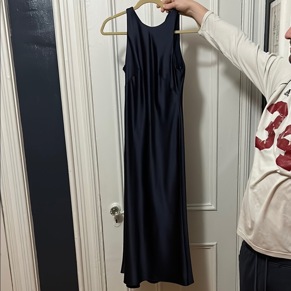 Navy Silk Midi Sleeveless Dress